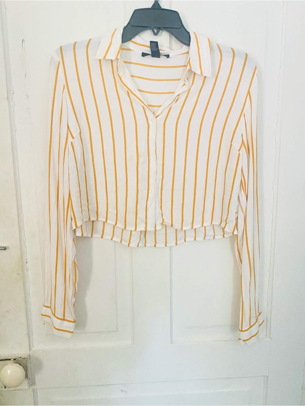 Forever 21 White Cropped Button-Up with Yellow Stripes